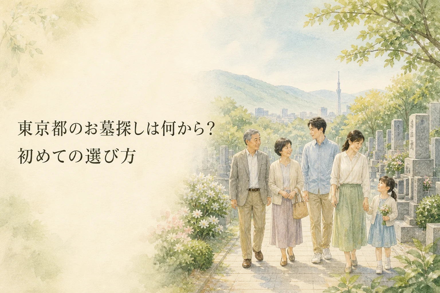 東京都のお墓探しは何から始めるかを家族で考えるイラスト