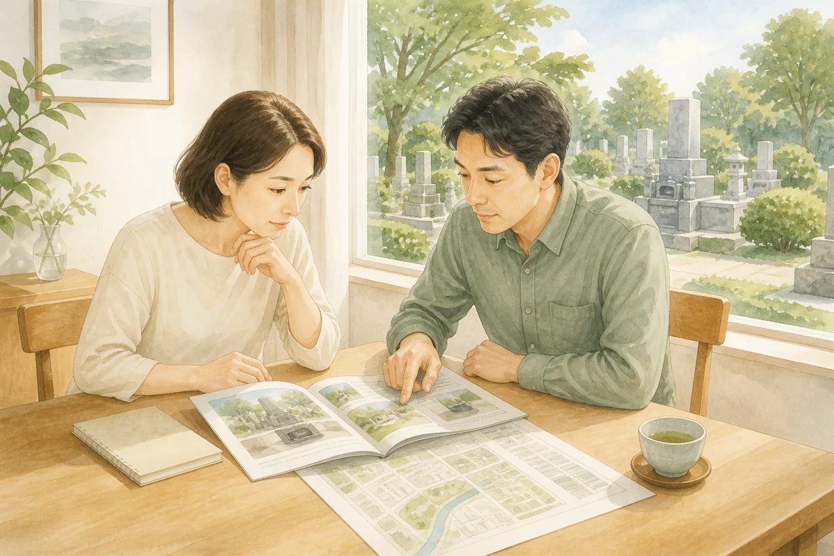 家族で墓地の資料と地図を見ながら候補を比べているイラスト