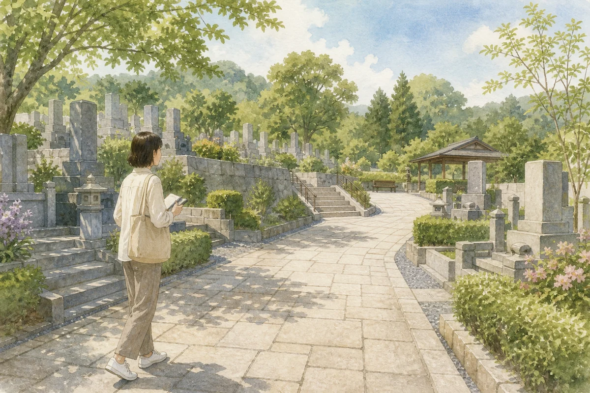 墓苑の通路や段差、周囲の環境を見ながら見学する人のイラスト