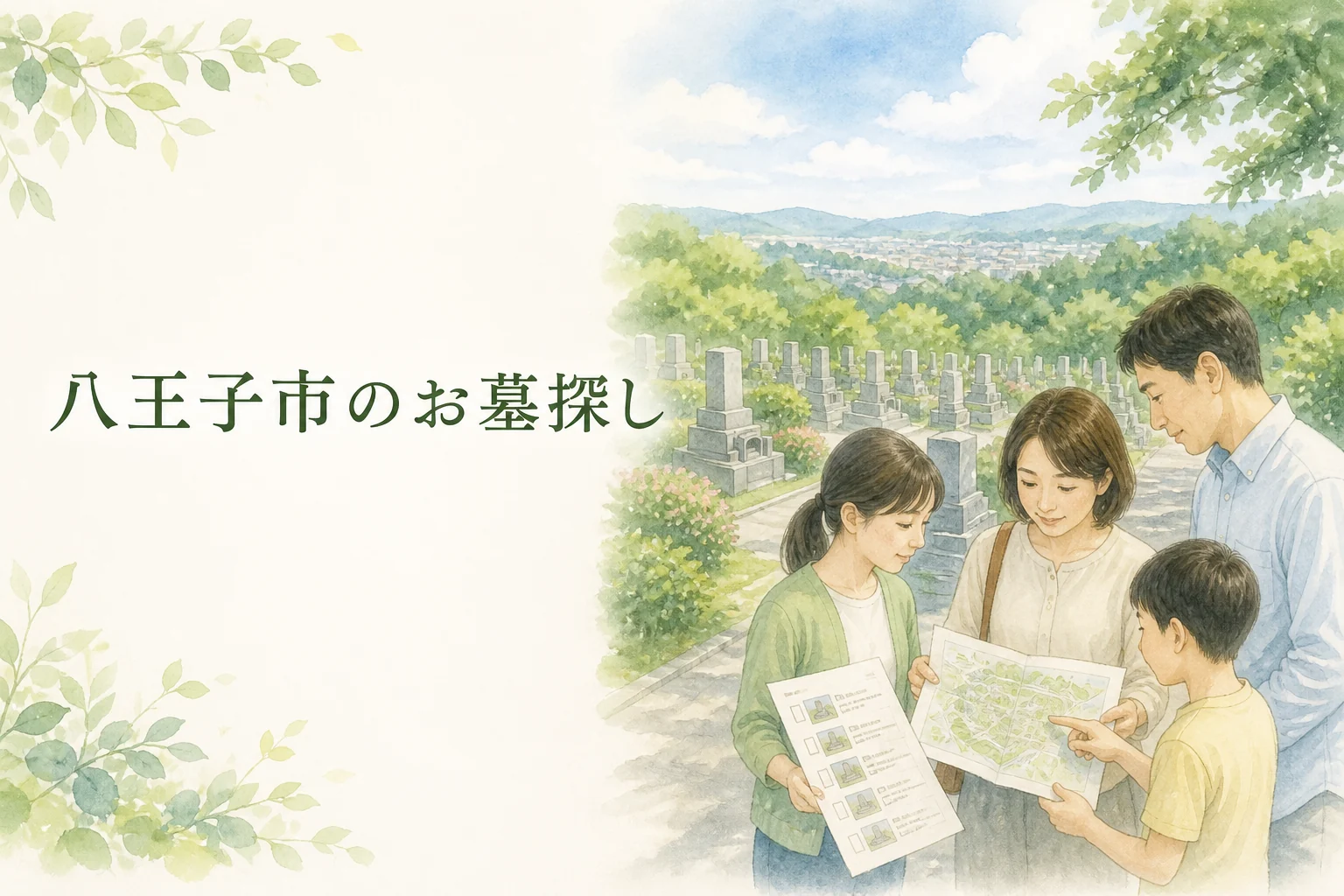 八王子市の墓地・霊園を家族で地図と候補表を見ながら探す水彩イラスト