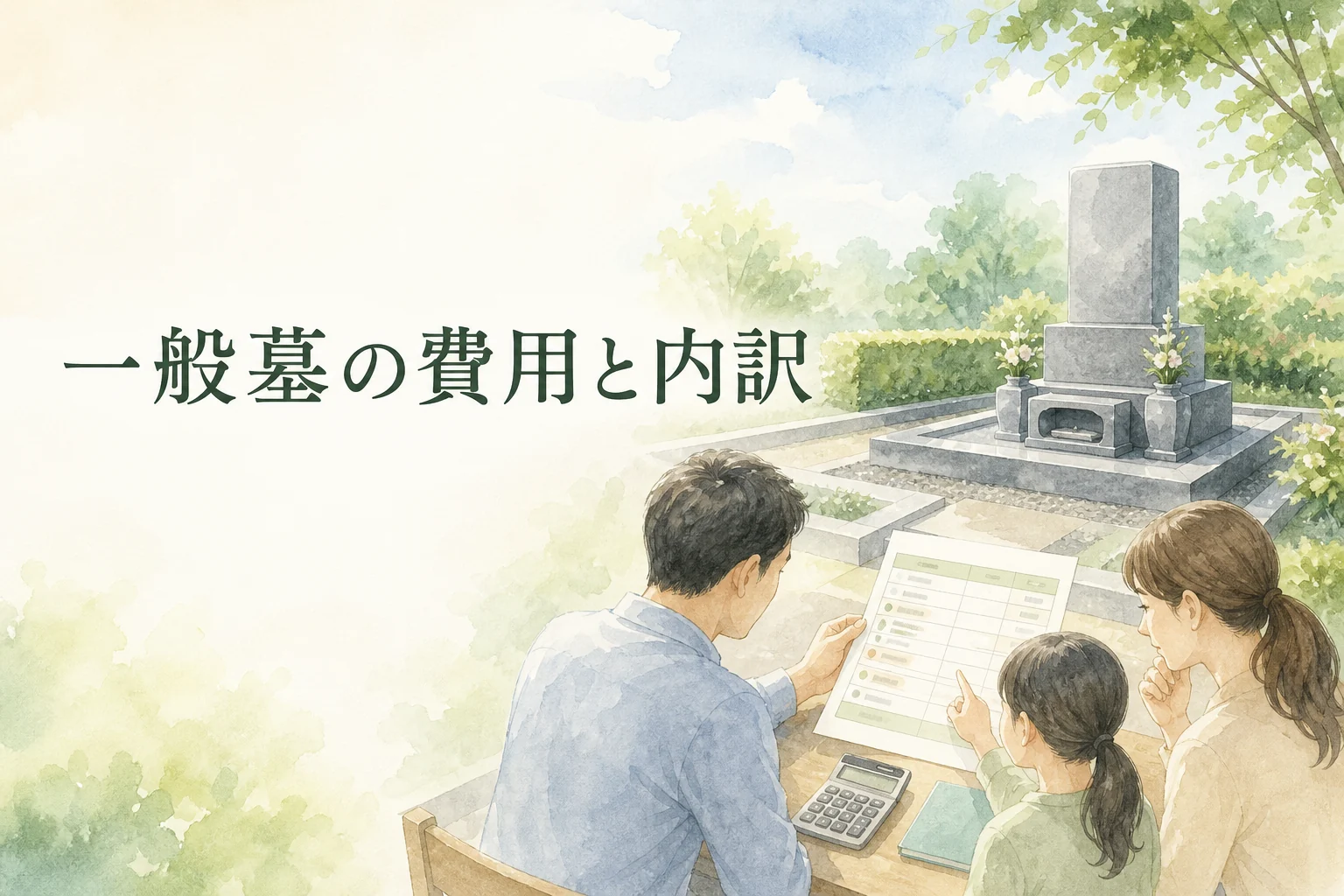 一般墓の墓石と見積書を家族で確認する水彩イラスト