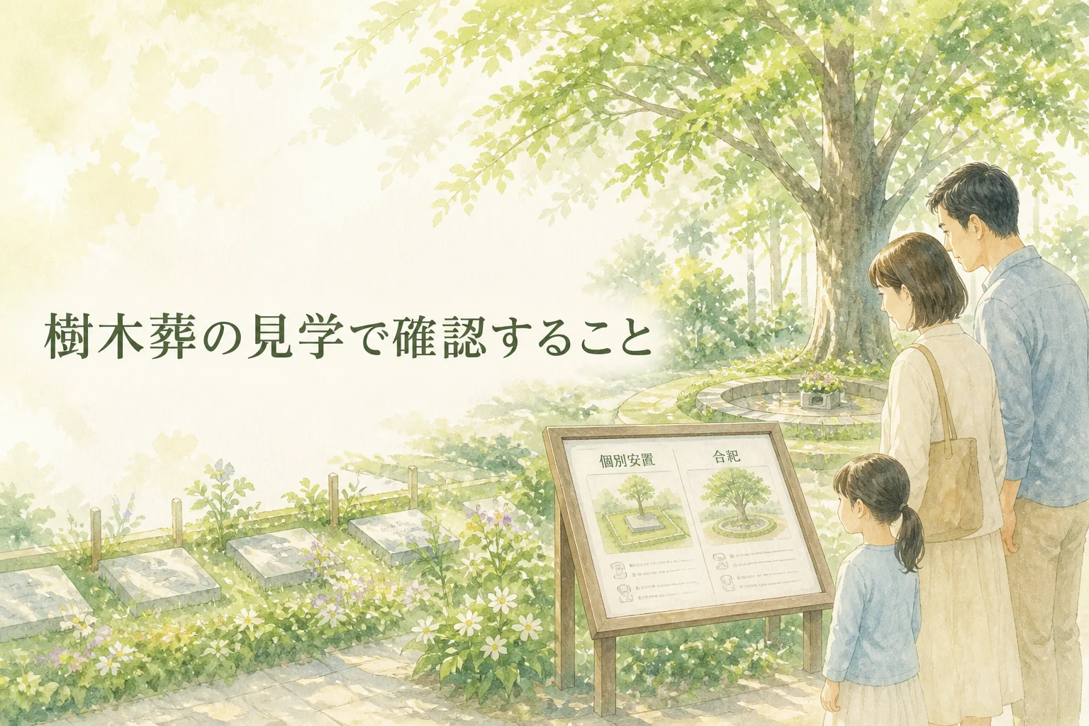 樹木葬を家族で見学し個別安置と合祀の案内を確認する水彩イラスト