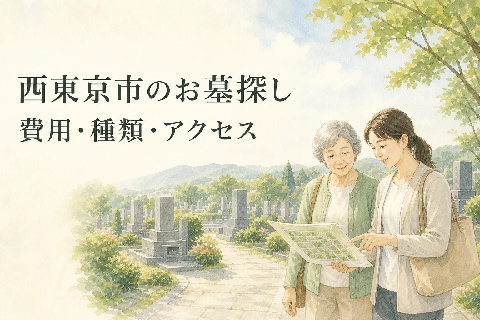 西東京市のお墓探しで費用・種類・アクセスを比べる家族を描いた水彩イラスト