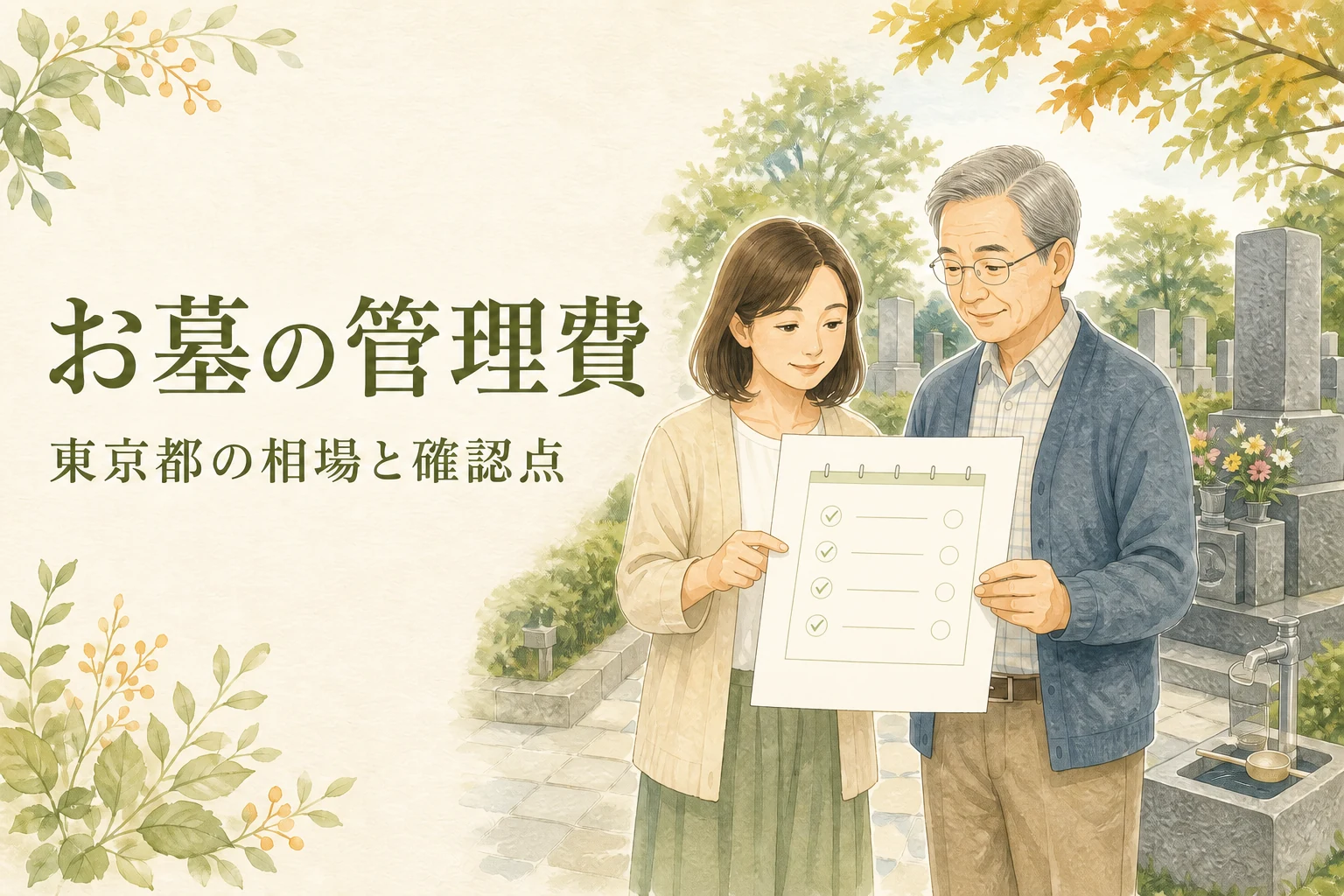 東京都のお墓の管理費と確認点を家族で確認するイラスト