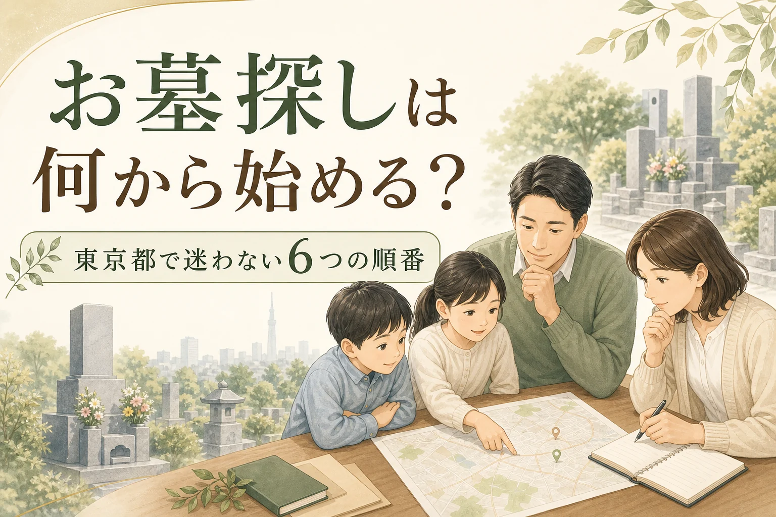 家族で地図と資料を見ながらお墓探しを始めるイラスト「お墓探しは何から始める？」