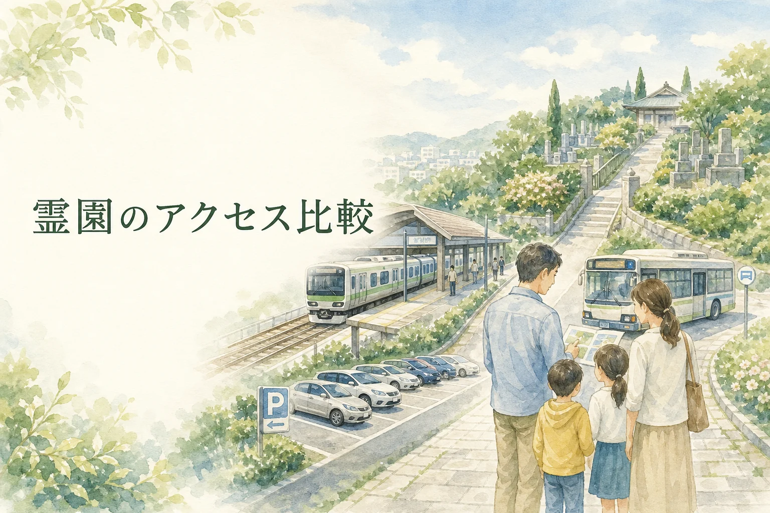 駅・バス・駐車場から霊園までのアクセスを家族で比較する水彩イラスト