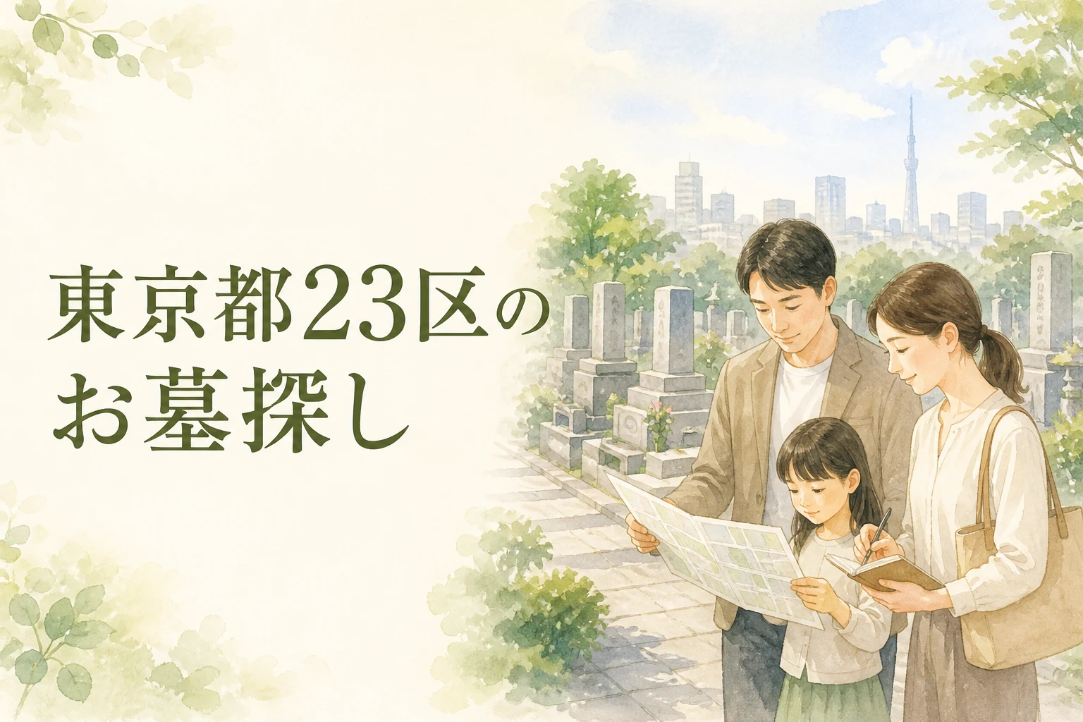 東京都23区のお墓探しを家族で考える水彩イラスト