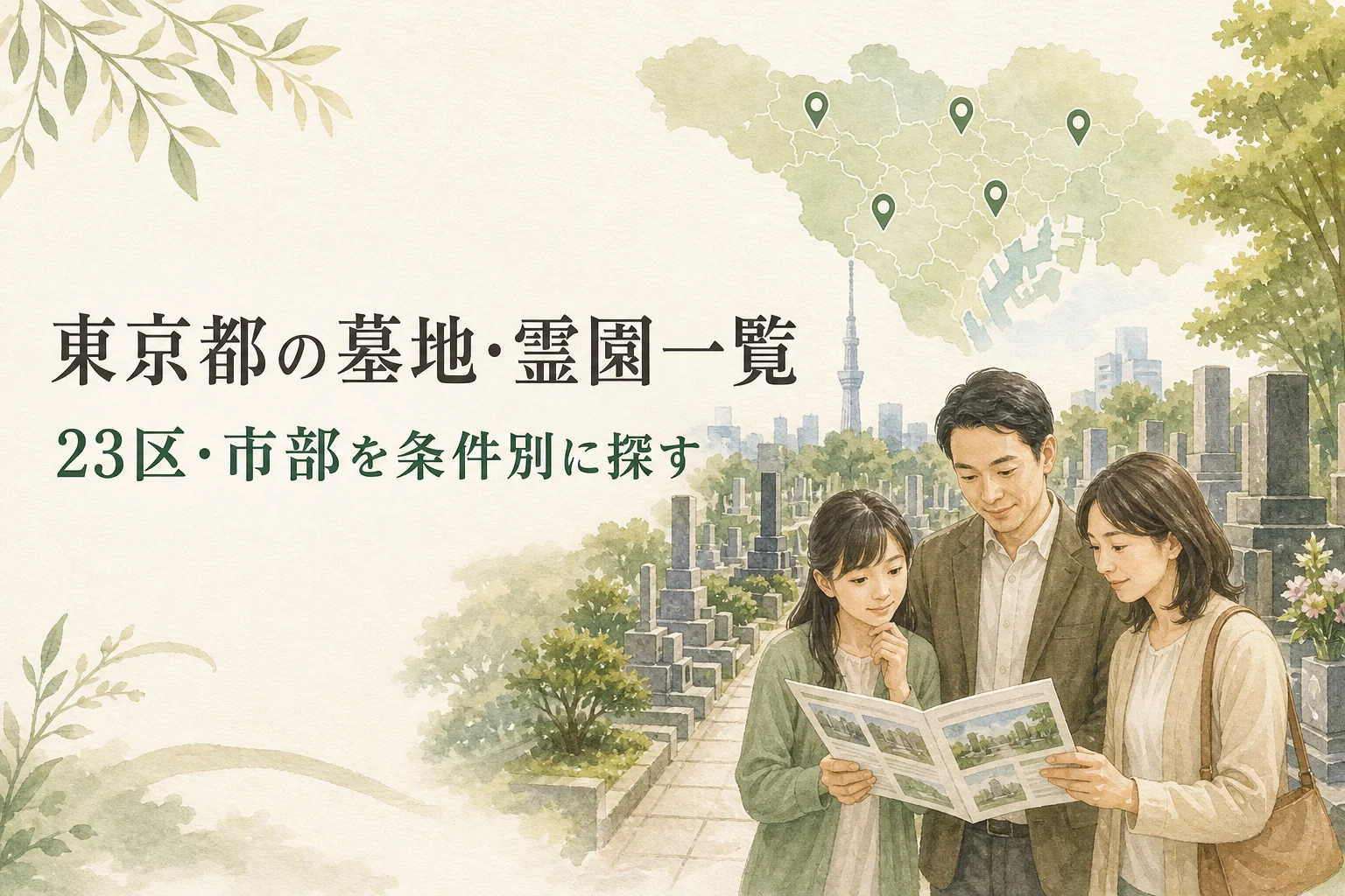東京都の地図と墓地・霊園を家族で一覧比較する水彩イラスト
