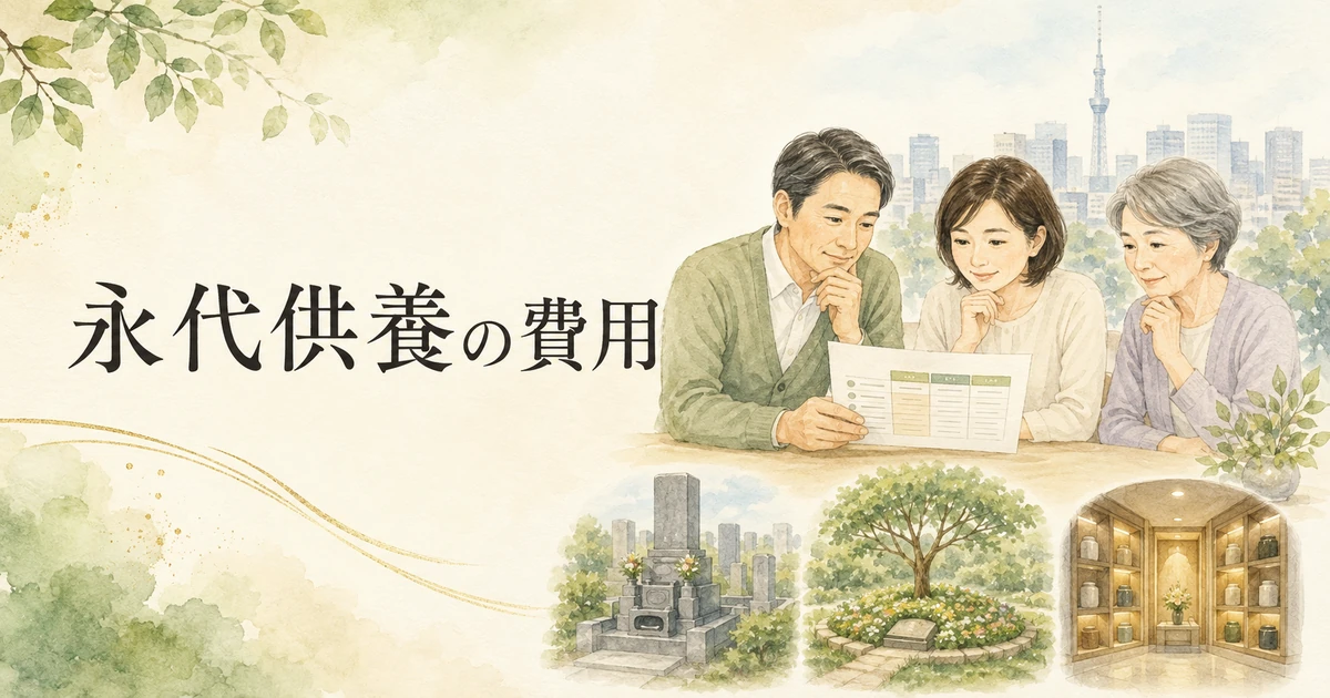 東京都の永代供養の費用を家族が比較表と墓地の種類で確認する水彩イラスト