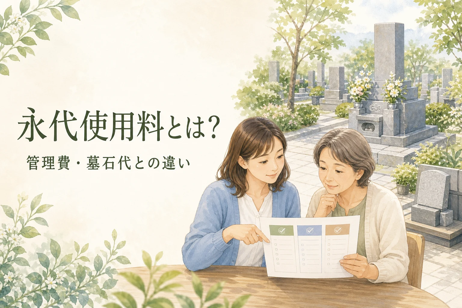 永代使用料と管理費・墓石代の違いを家族で確認するイラスト
