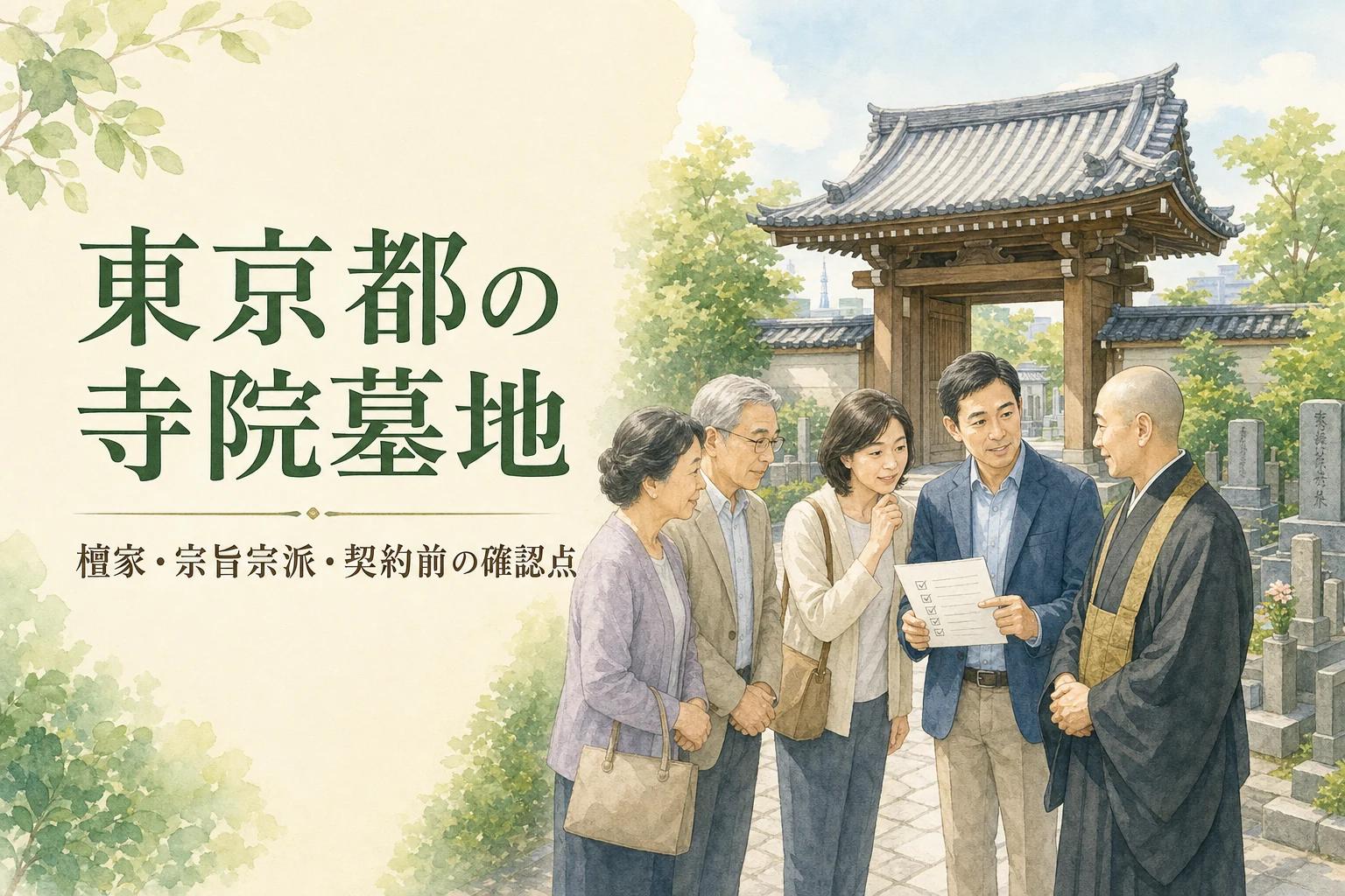 東京都の寺院墓地で家族が住職に檀家や宗旨宗派の条件を確認する水彩イラスト