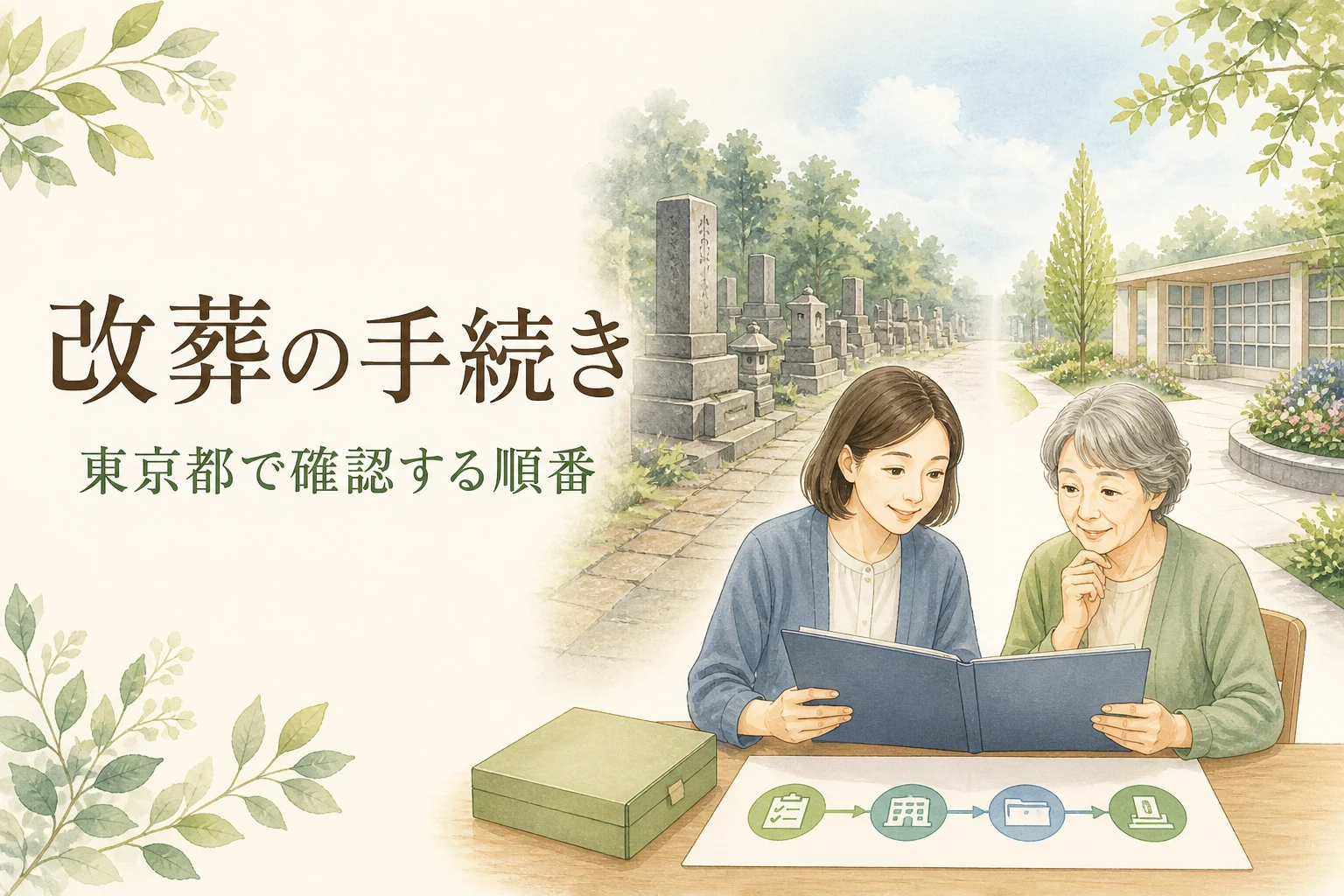 東京都で墓じまい・改葬の手続きを確認するイラスト