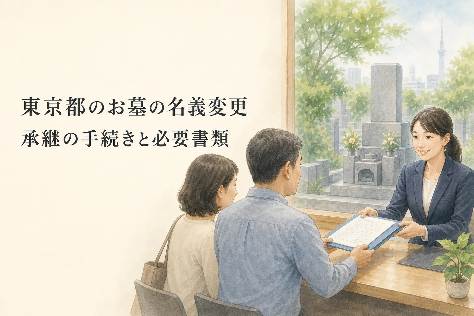 東京都のお墓の名義変更について、家族が霊園の担当者と書類を確認している水彩イラスト