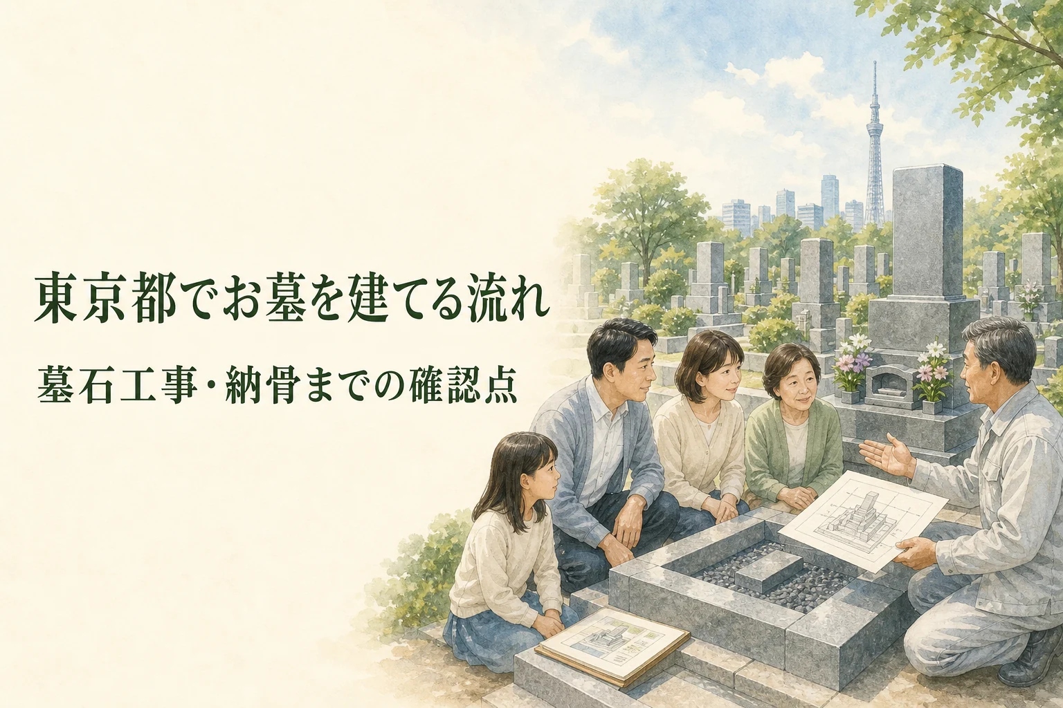 東京都の墓地で家族が石材店と墓石の設計図を確認する水彩イラスト