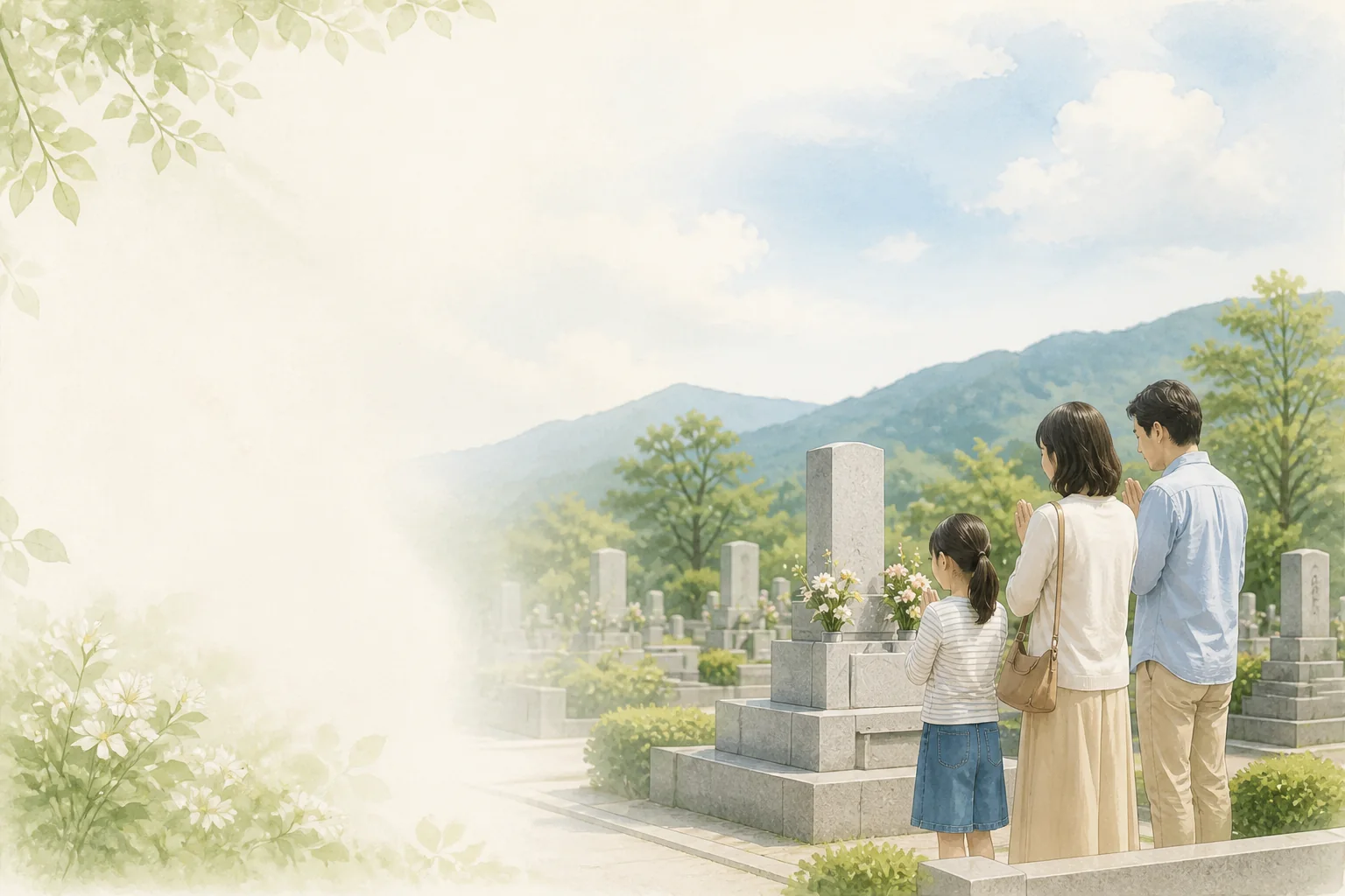 緑に囲まれた墓地でお参りする家族